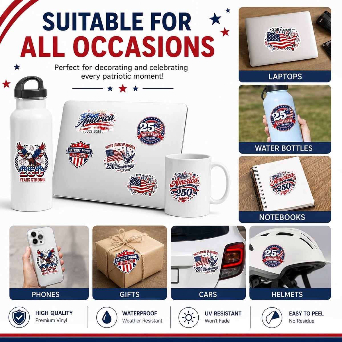 500Pcs 4th of July Patriotic Sticker Roll 1.5 Inch Patriotic 250th Anniversar…