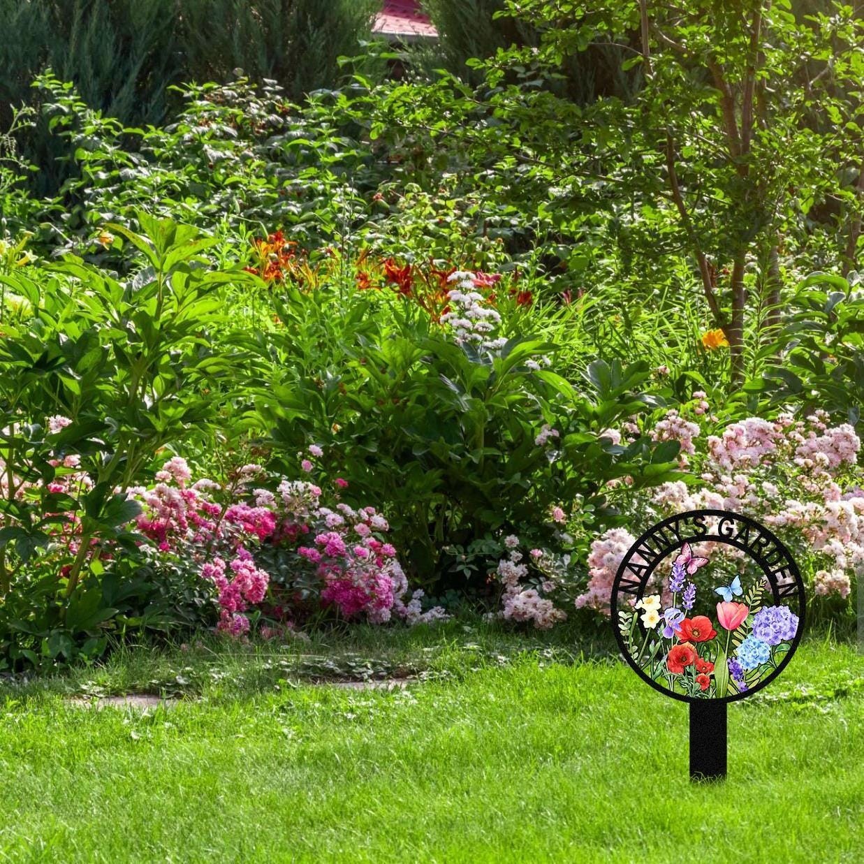 Custom Metal Garden Decor, Personalised Butterfly Flower Sign With Stakes