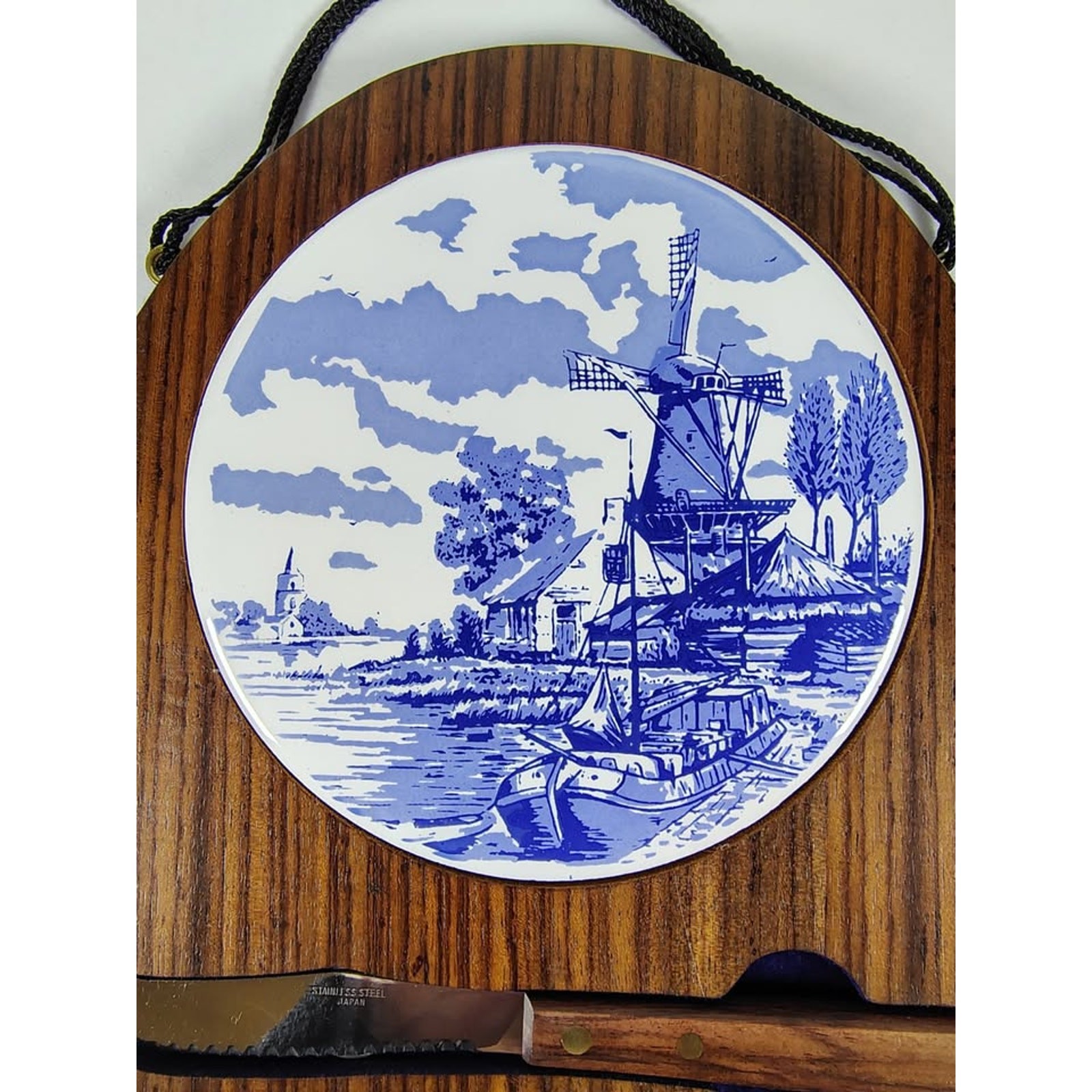 Vintage Delft Blue Ceramic And Wood Cheese Board With Knife