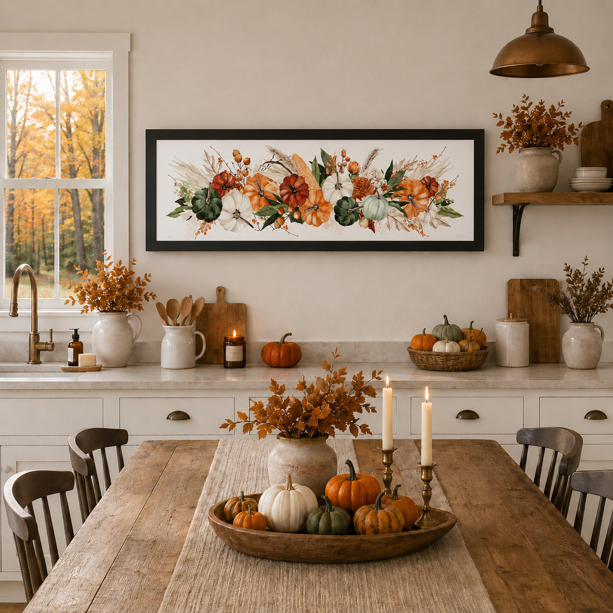 Harvest Wide Landscape Fall Framed Wall Art Watercolor Pumpkin Corn Wheat Farmho