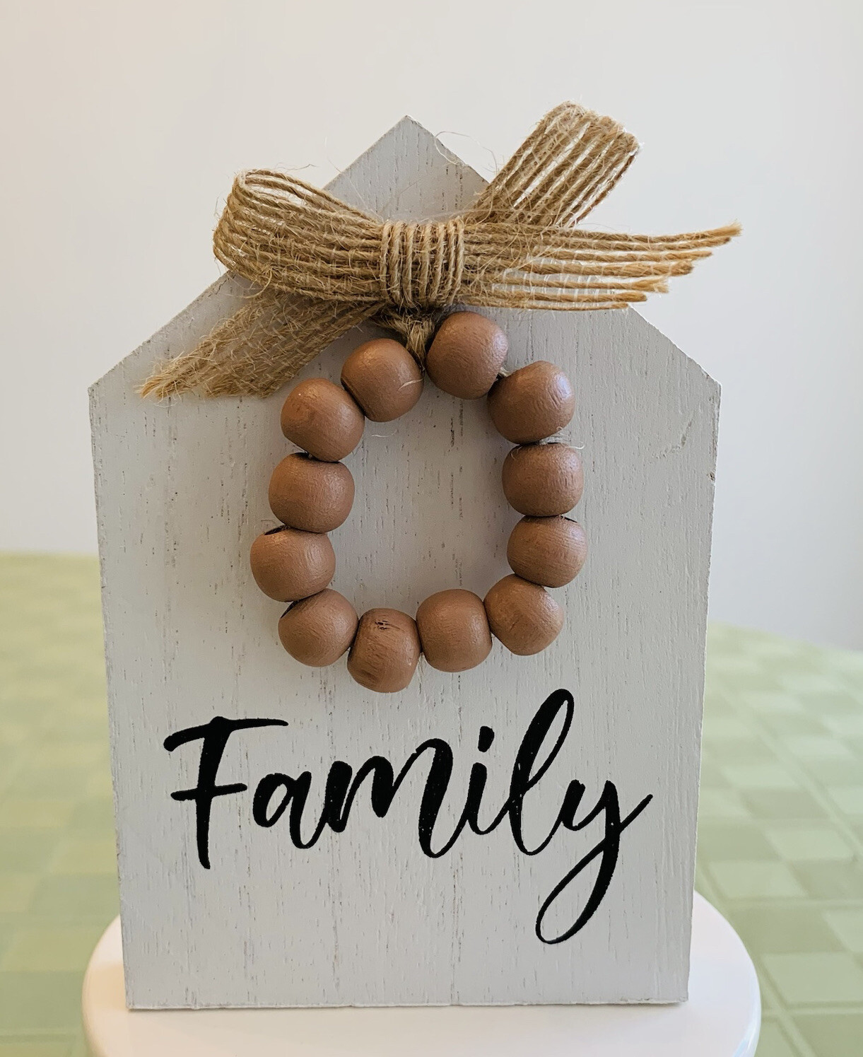 Family Bead Wreath House Shape Wood Block Sign Decor Home Tier Tray NEW NWT