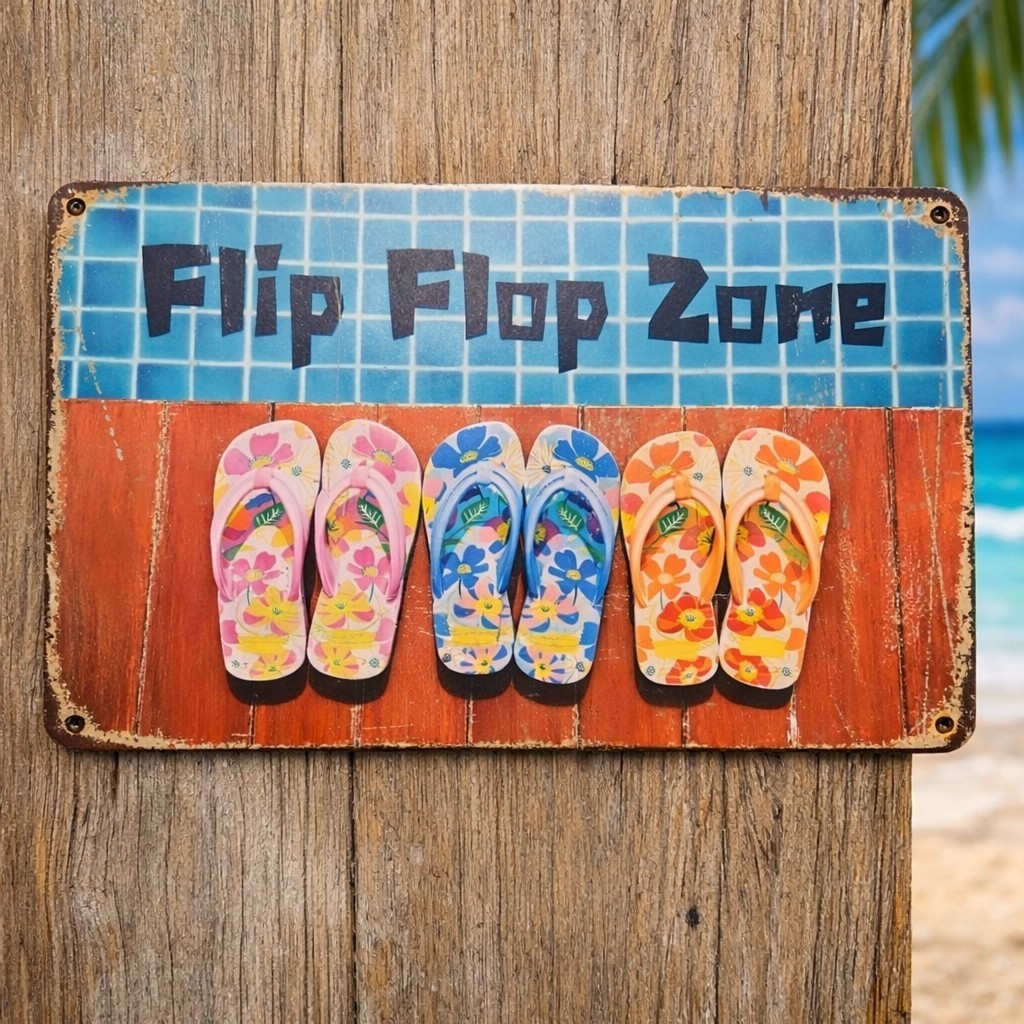 Flip Flop Zone Metal Beach Sign Tropical Pool Decor Sandals Wall Art Plaque