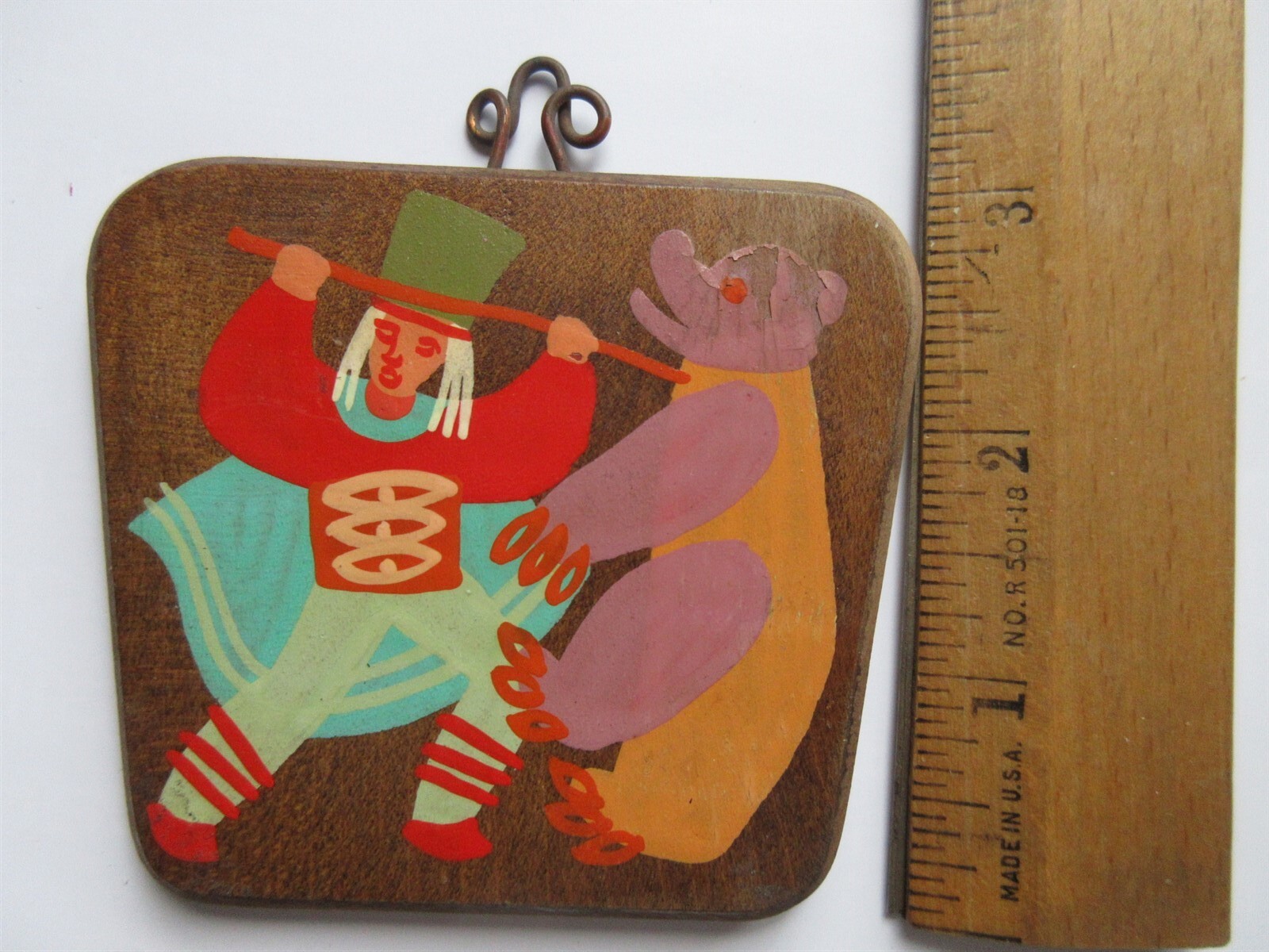 vintage hand painted Circus Bear Act small wooden plaque POLAND
