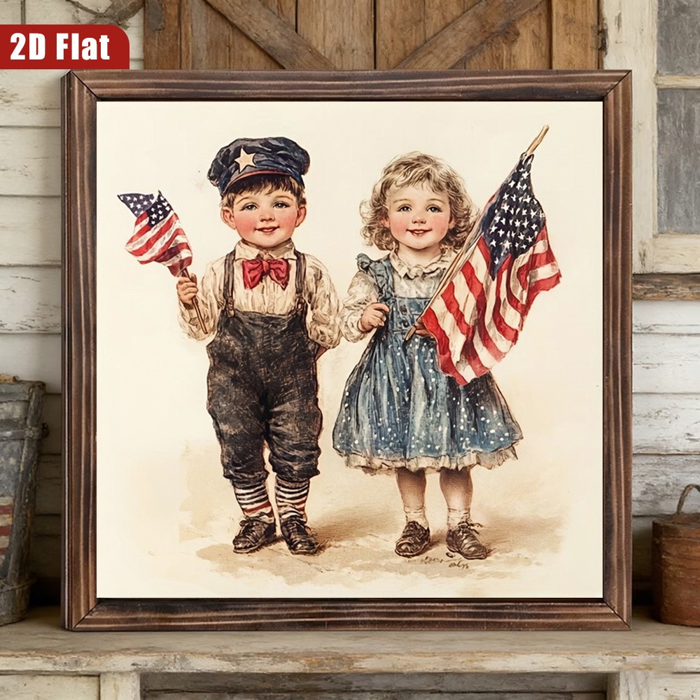 Americana Vintage Little Kids Flag Print Independence Day Farmhouse Home Accent