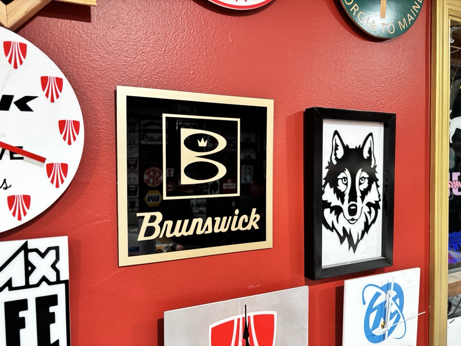 Brunswick Billiards Sign On Mirror Black Acrylic Many Szs Clrs USA Handmade