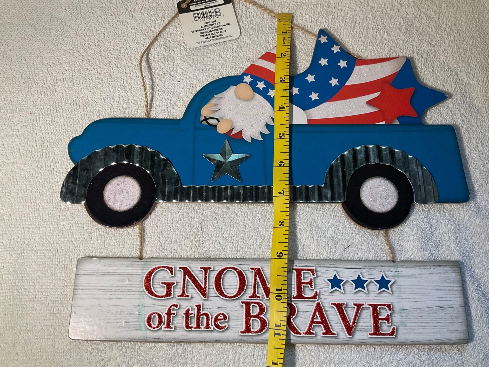 Patriotic Sparkle Hanging Wood Wall Sign American Home Flag Brave Gnome Star NWT