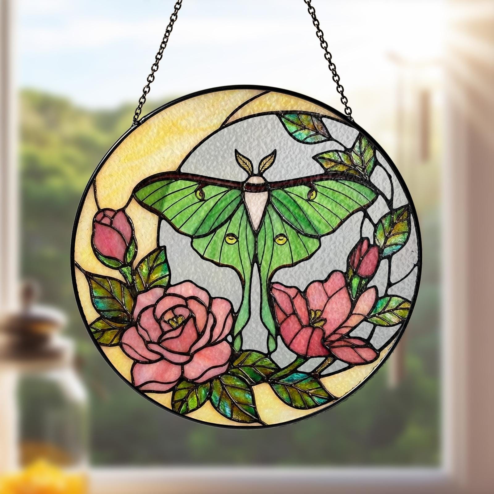 Luna Moth Butterfly Boho Suncatcher, Green Moth Window Hanging Gift
