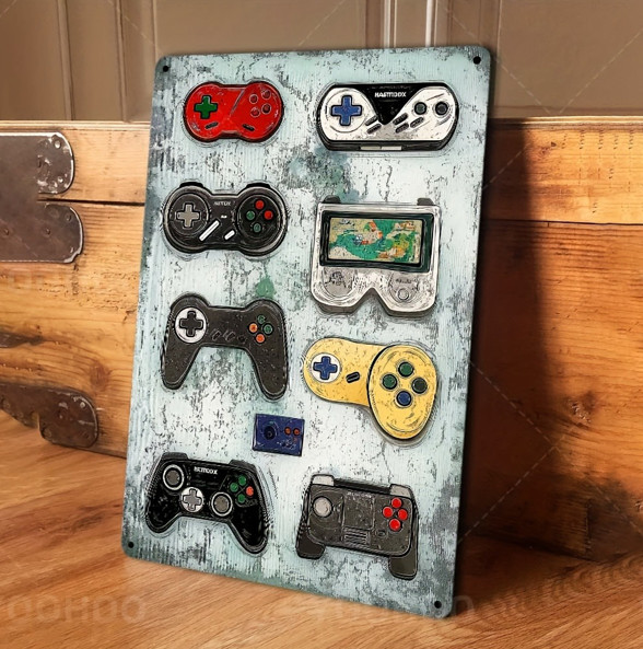 Vintage Game Controller Collection Metal Sign Gaming Room Decor Indoor