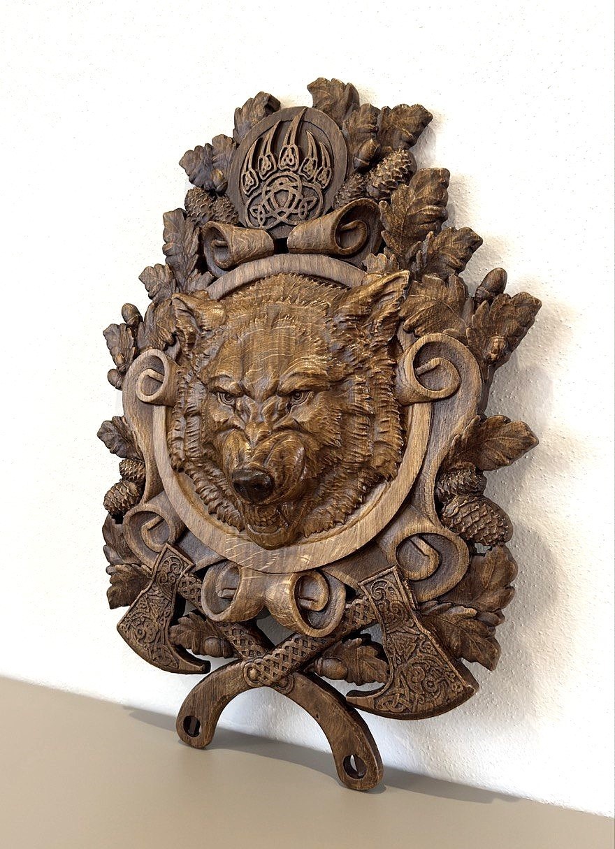 Wolf Wooden carved Wall Plaque Viking Axes Celtic Norse Mythology Relief Decor