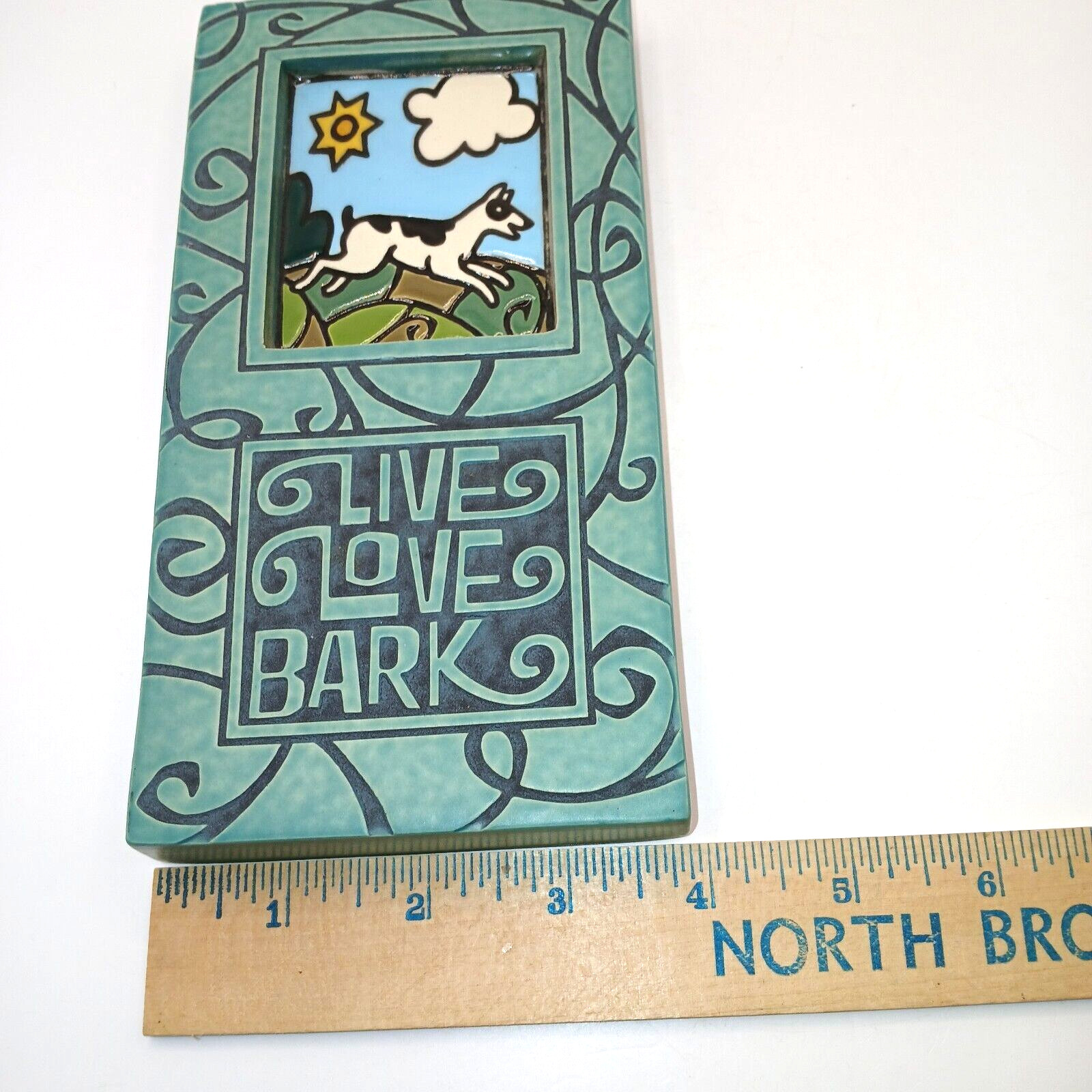 Macone Clay Live Love Bark Dog Ceramic Tile Wall Plaque Hanging 2010 7×4 inches