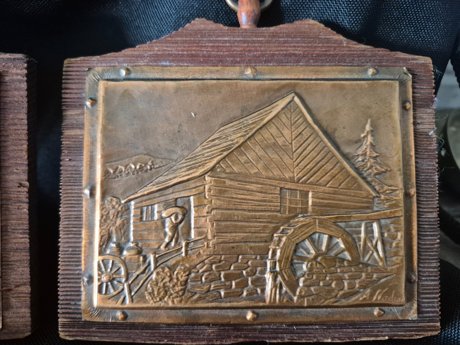 Vintage Embossed Copper Wood Wall Plaque Folk Art Scene Albert Nadeau Rustic