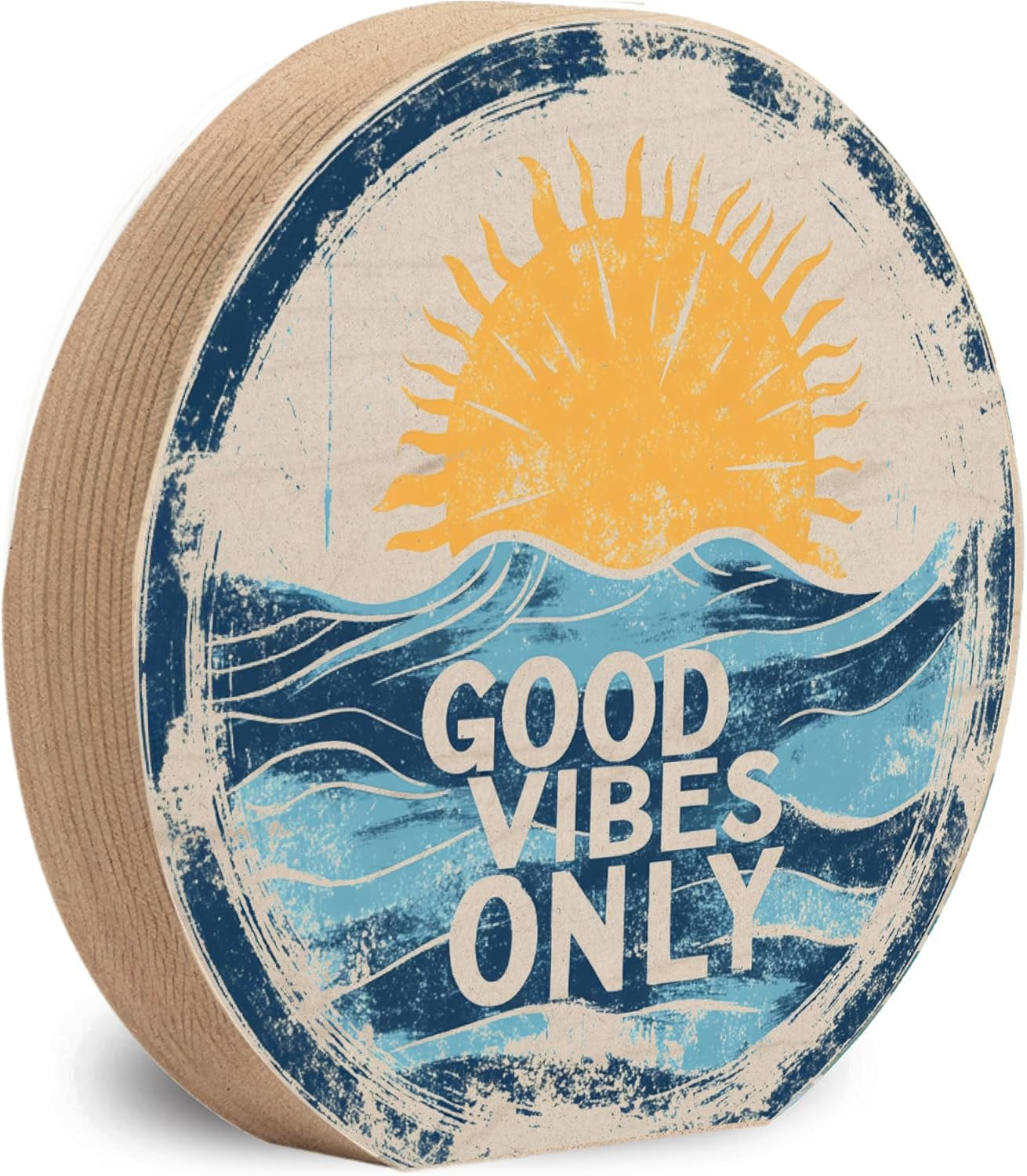 Good Vibes Only Wood Sign – 5.5″ W X 5.5″ H X 1″ D – Modern Retro Style – Blue –