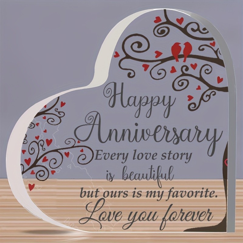 Happy Anniversary Acrylic Heart Plaque with Love Birds Romantic Gift for Couples