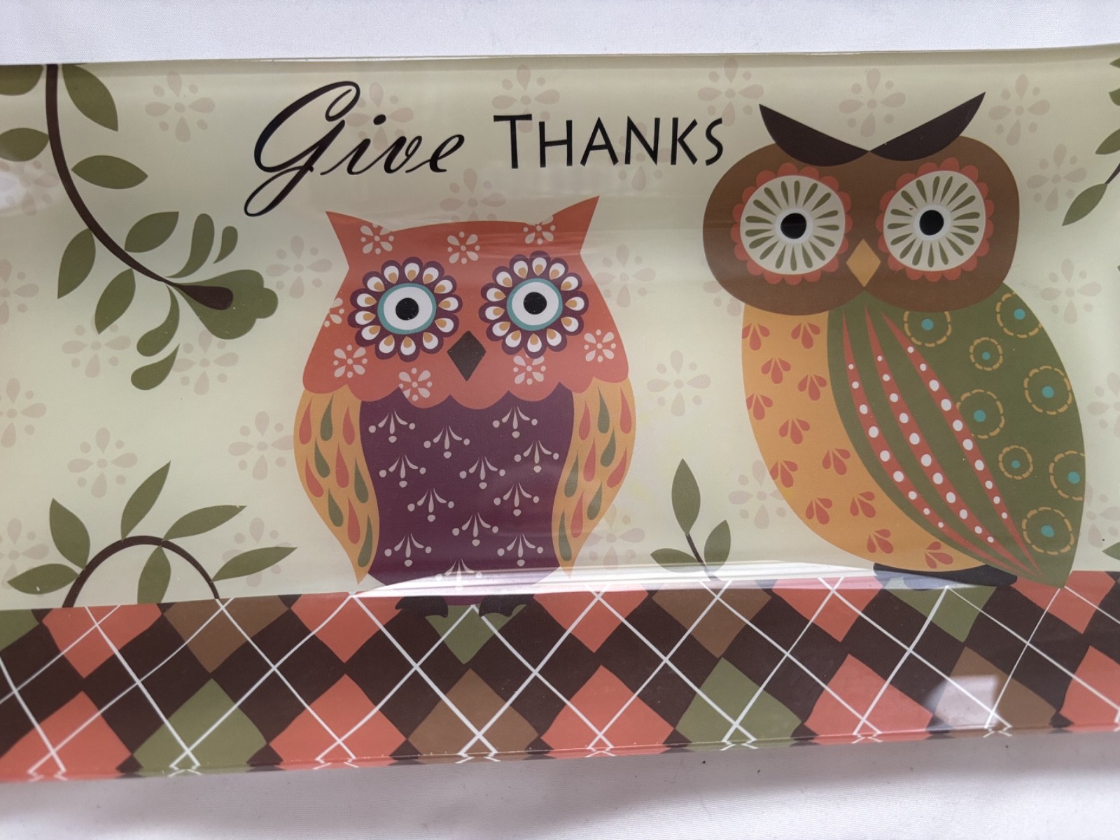 Hobby Lobby Autumn “Give Thanks” Decor Tray Owls 14 1/4″L X 6″W X 1″H.