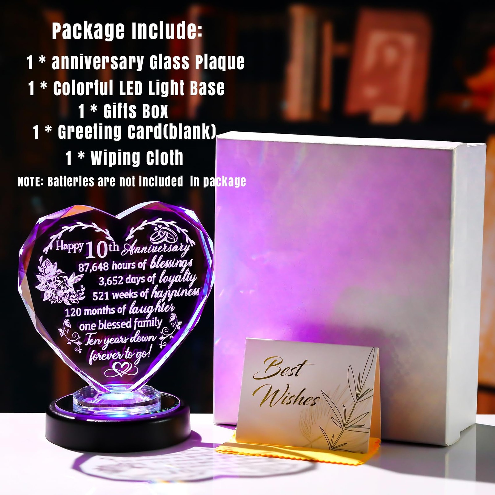 10th Wedding Anniversary Heart Gifts for Women, Wife, Couple, Crystal 10 Year…