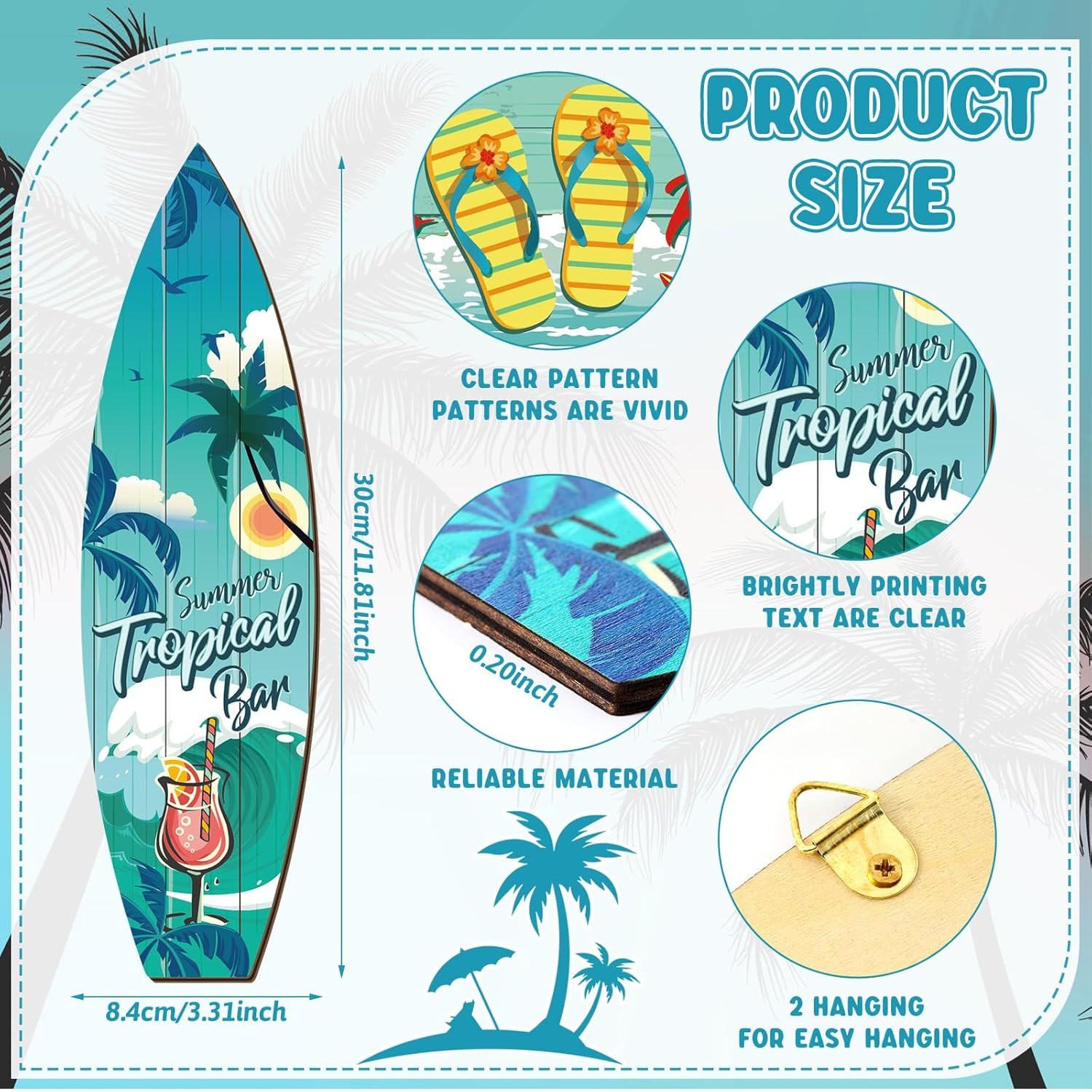 Tatuo 4 Pcs Surfboard Decor Hawaiian Wooden Beach Wall Decor Tiki Tropical Bar D