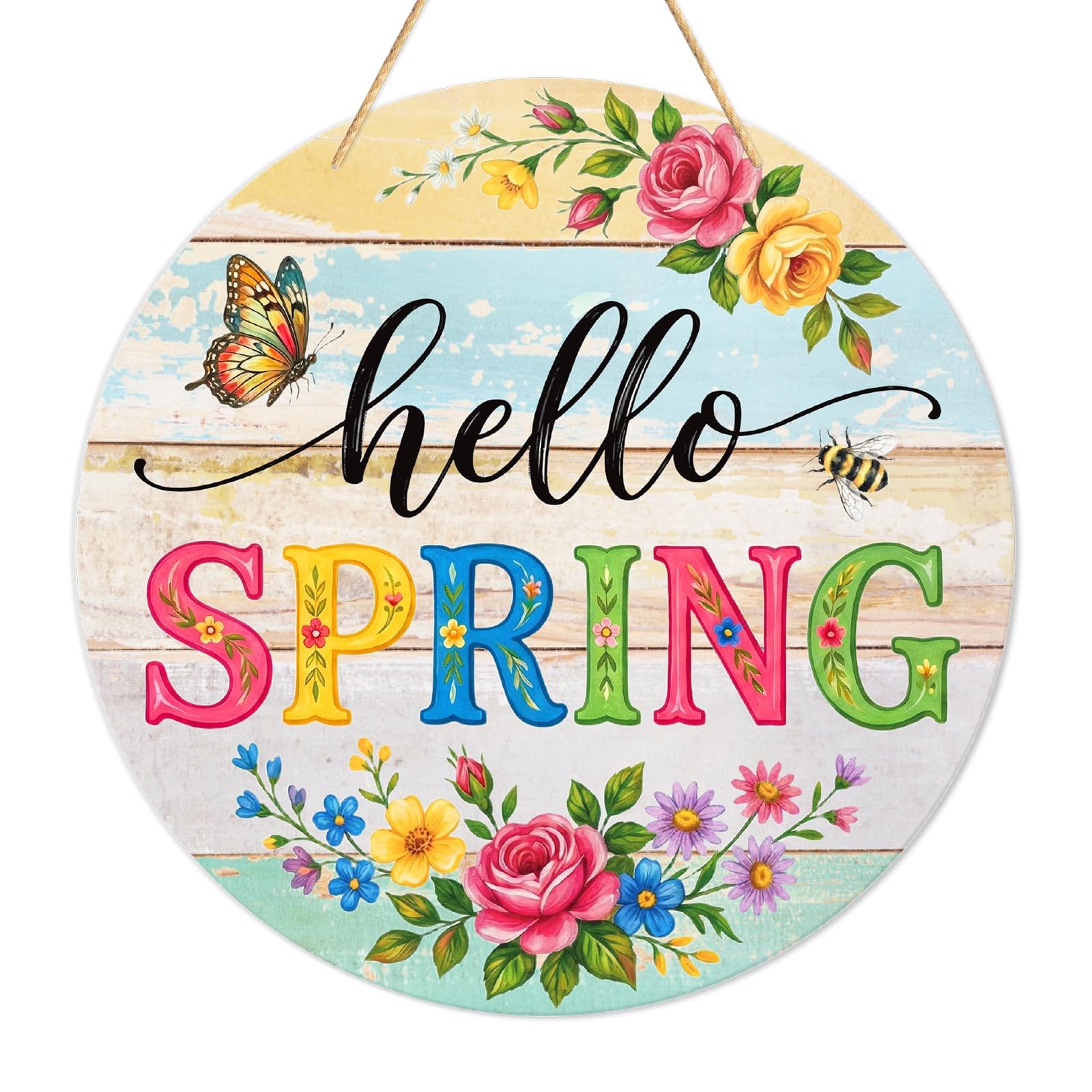Hello Spring Door Sign – 11.5″ Colorful Flowers Welcome Wreath for Front Door Sp