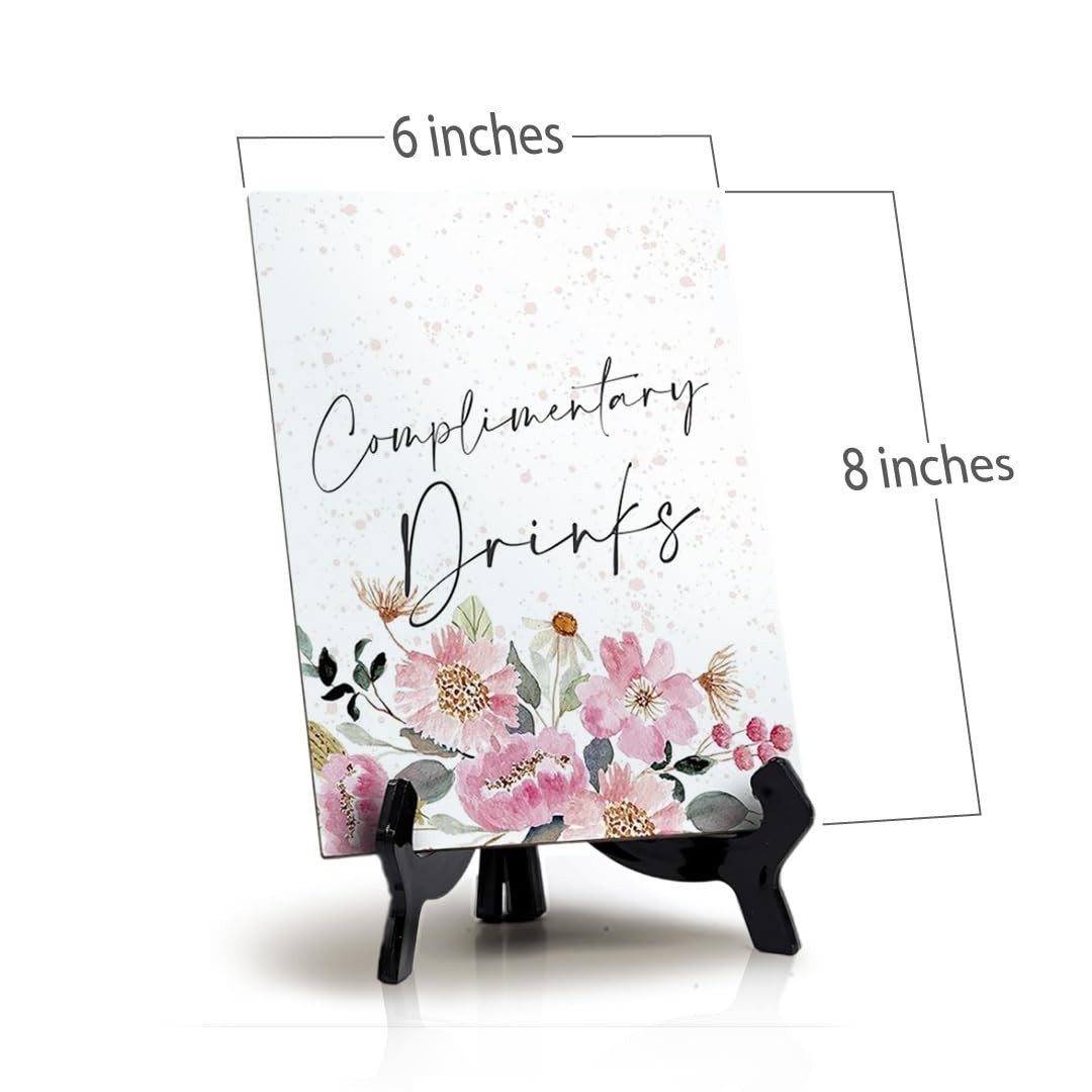 Complimentary Drinks Table Sign with Easel, Floral Watercolor Design (6″ x 8″)
