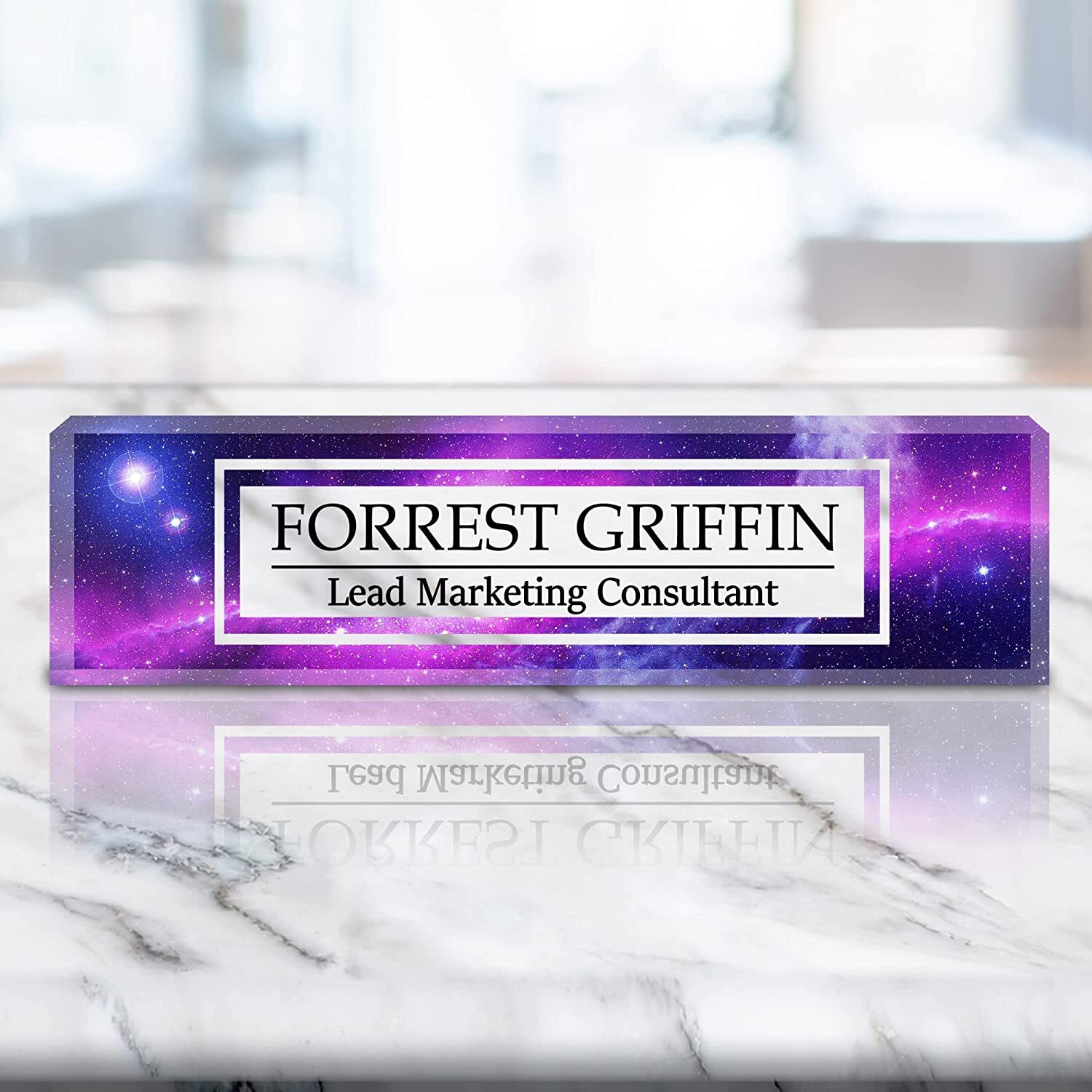 VWAQ Custom Galactic Design Name Desk Plate On Clear Acrylic Glass – ACS49