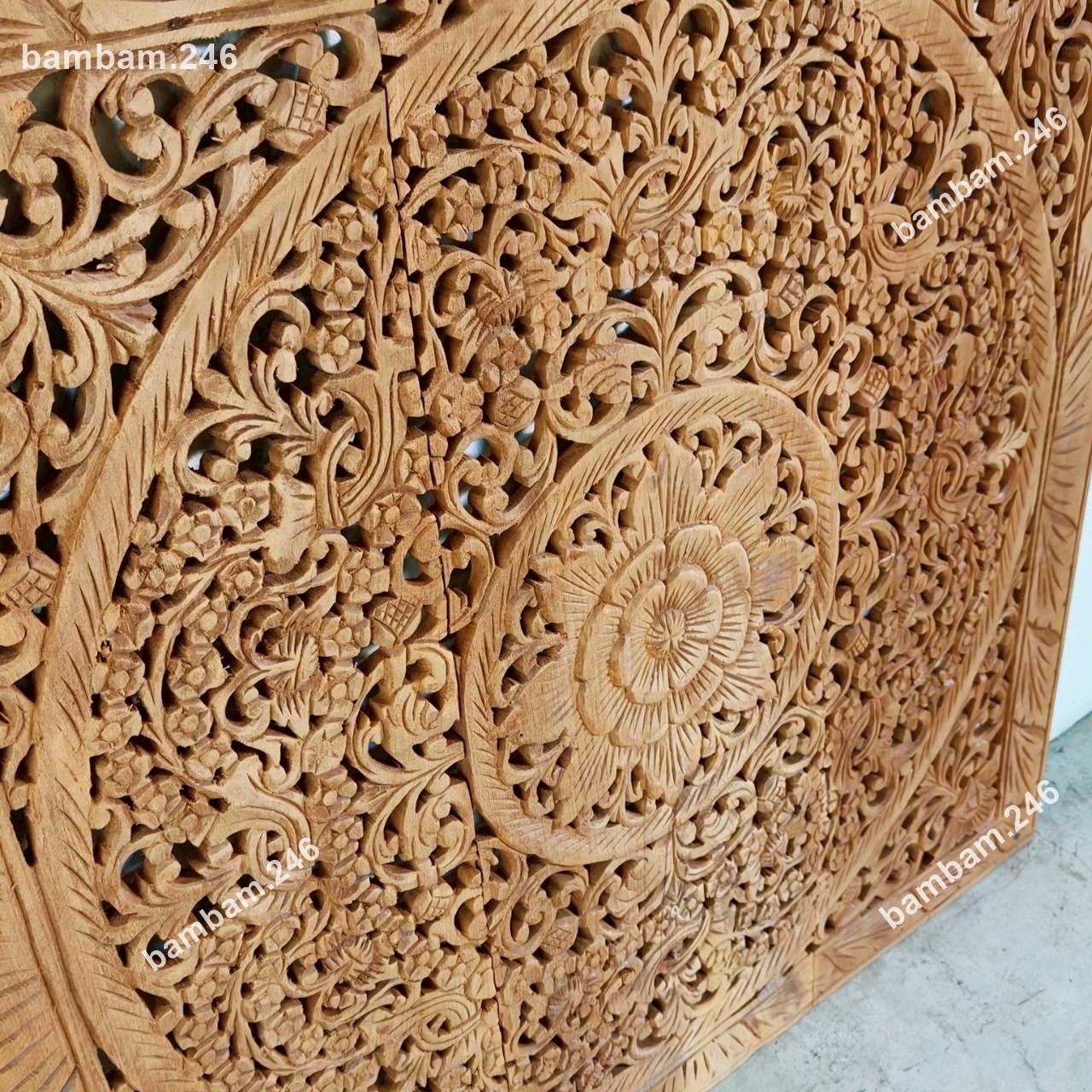 Large Teak Wood Wall Art 3 Panels Floral Flower Headboard Handcrafted Lotus 36″