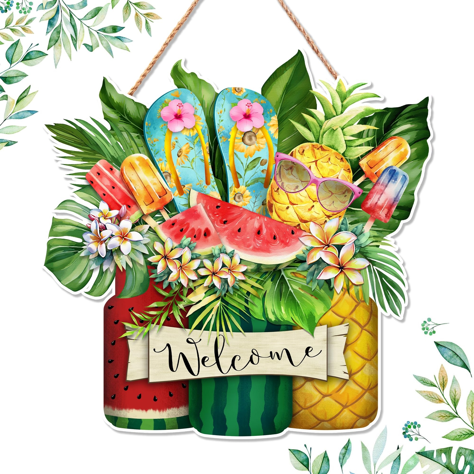 Summer Decorations Flowers Ice Cream Watermelon Wooden Door Wall Hanging Sign