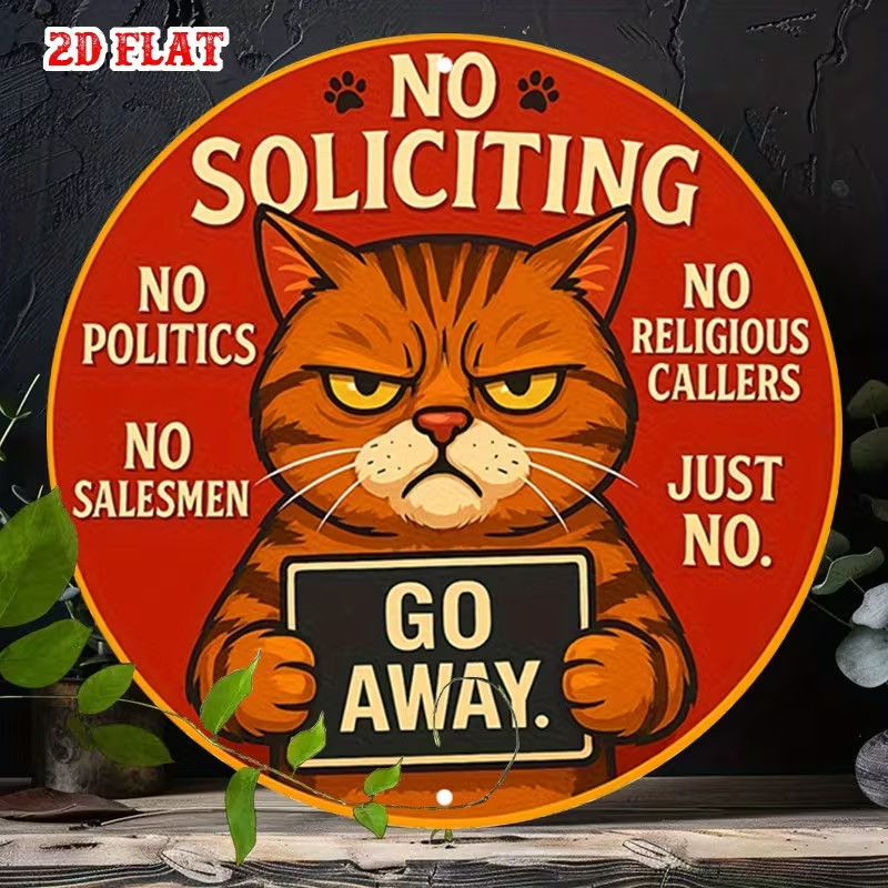 ‘No Soliciting’ Angry Cat Metal Sign | Angry Cat and ‘Go Away’ Text “Wall Art”