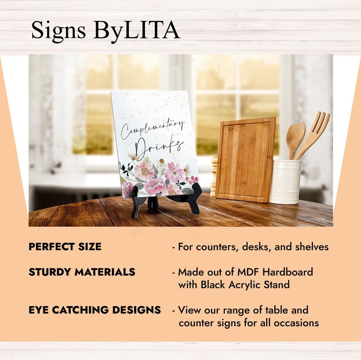 Complimentary Drinks Table Sign with Easel, Floral Watercolor Design (6″ x 8″)