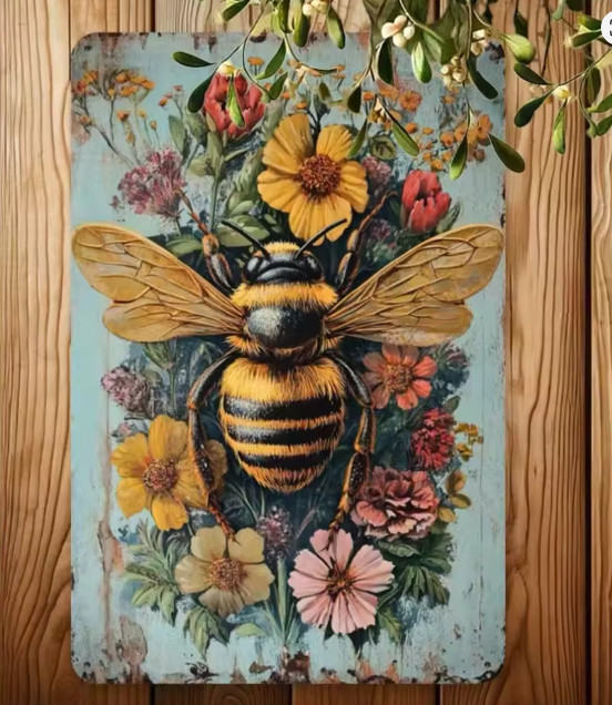 Rustic Country French Wall Decor Flowers Garden Bee Spring Metal Tin Sign 8×12