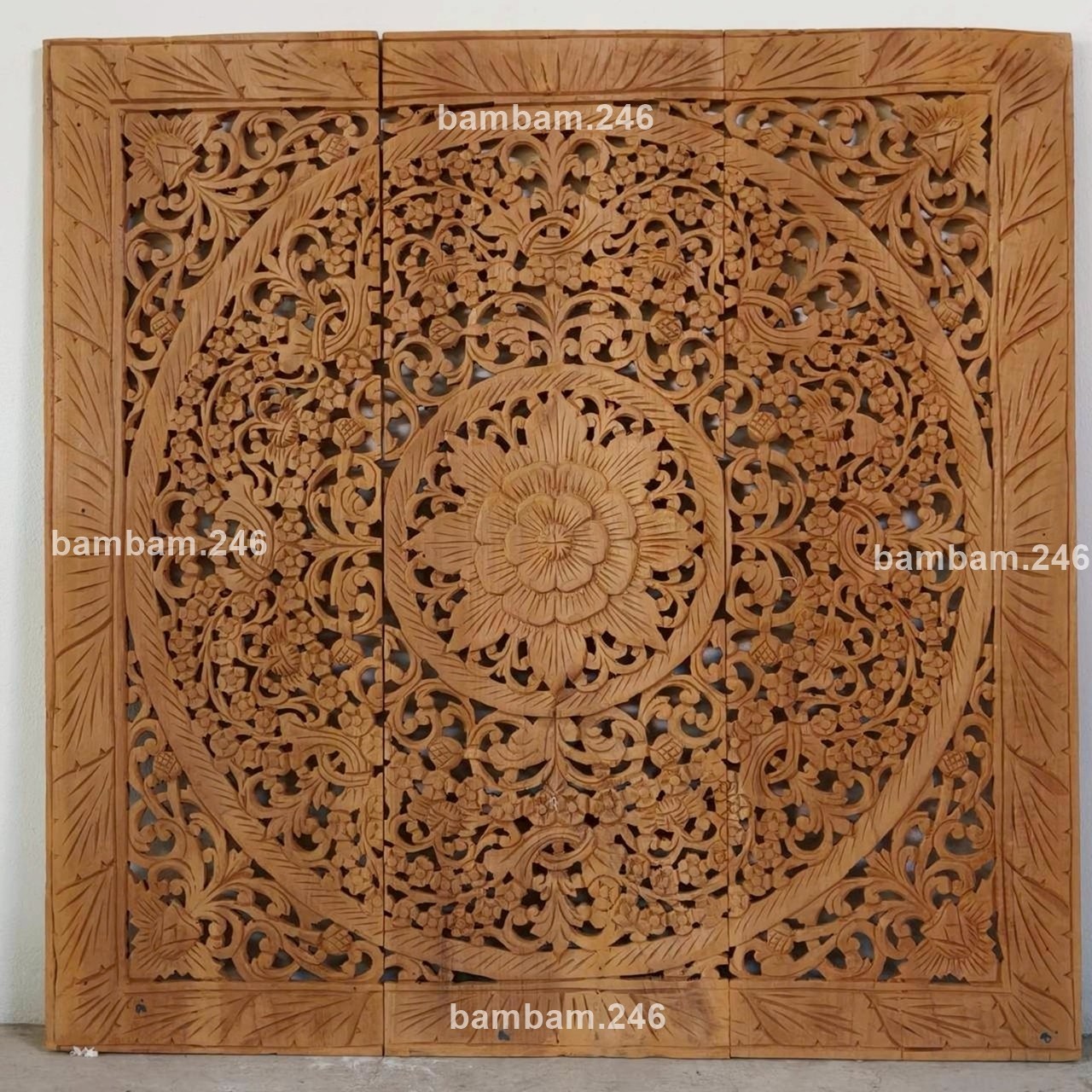 Large Teak Wood Wall Art 3 Panels Floral Flower Headboard Handcrafted Lotus 36″
