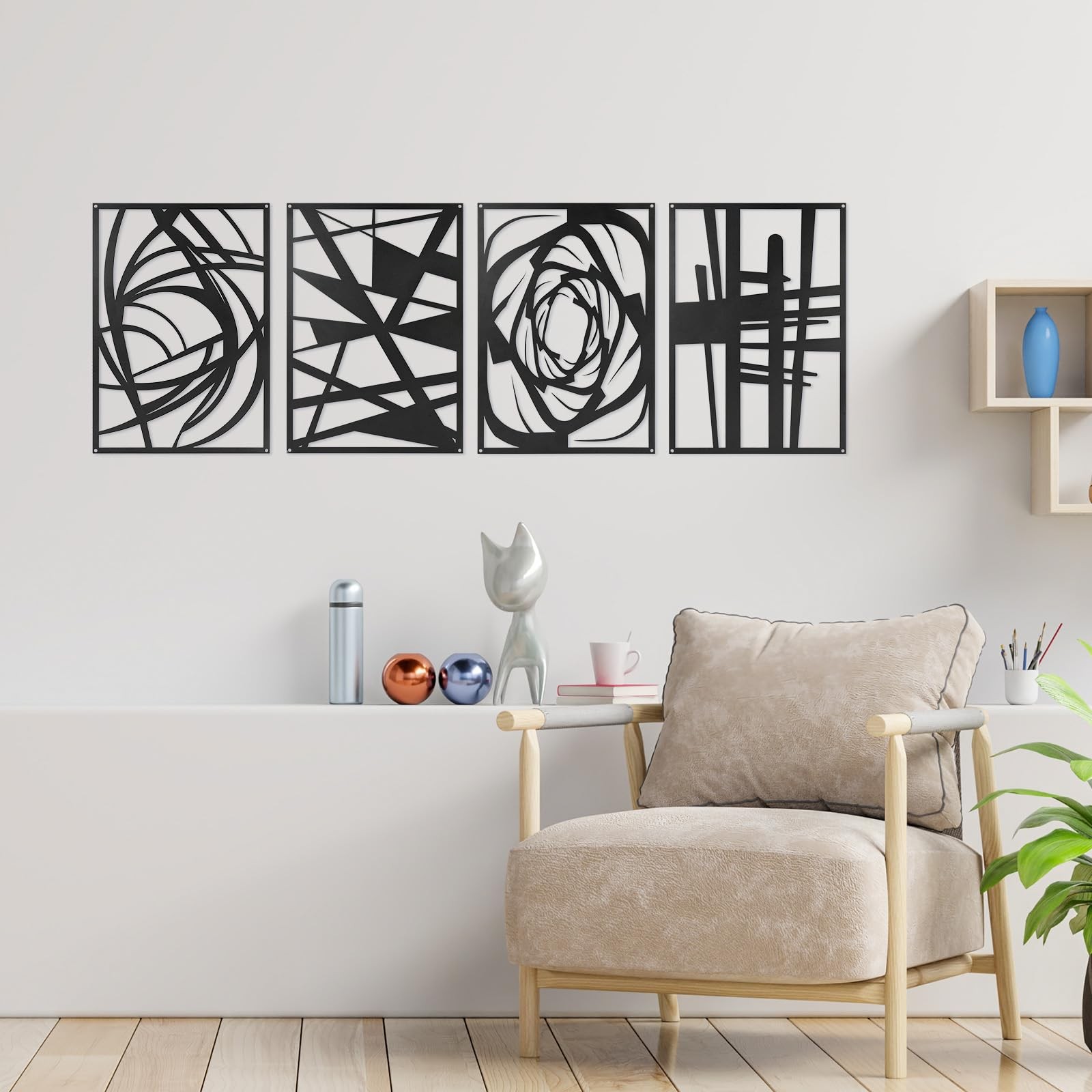 Black Abstract Metal Wall Art Set of 4 Matte 15.7×10.6