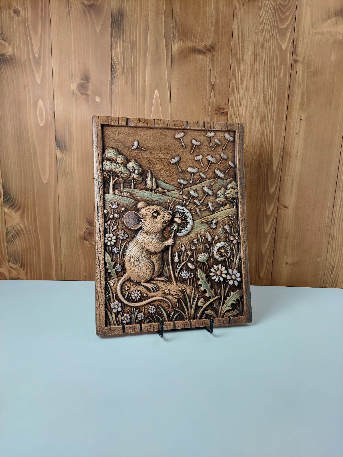 Mouse Dandelion Wood Wall Art, 3D Relief Carving, Handmade Maple Decor