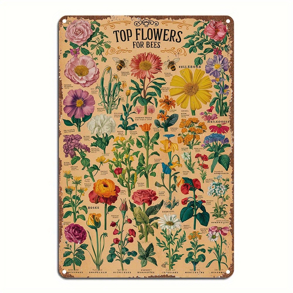 Vintage Botanical Tin Sign – Top Flowers For Bees Retro Nature Wall Decor
