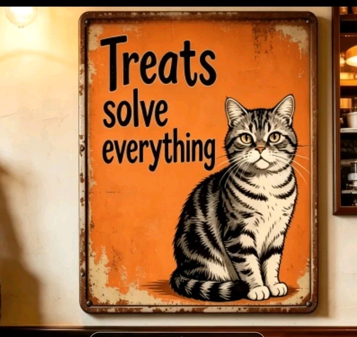 Funny Cat Metal Sign Treats Solve Everything Vintage Rustic Tabby Wall Decor Art
