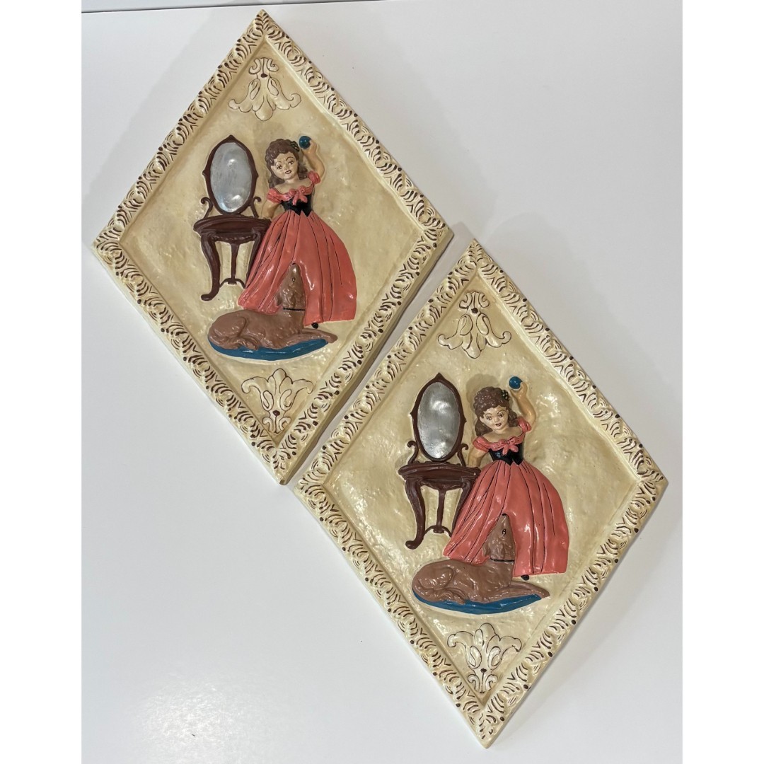 2 Vintage Chalkware Diamond Shaped Wall Art Woman Pink Dress Dog Table Mirror