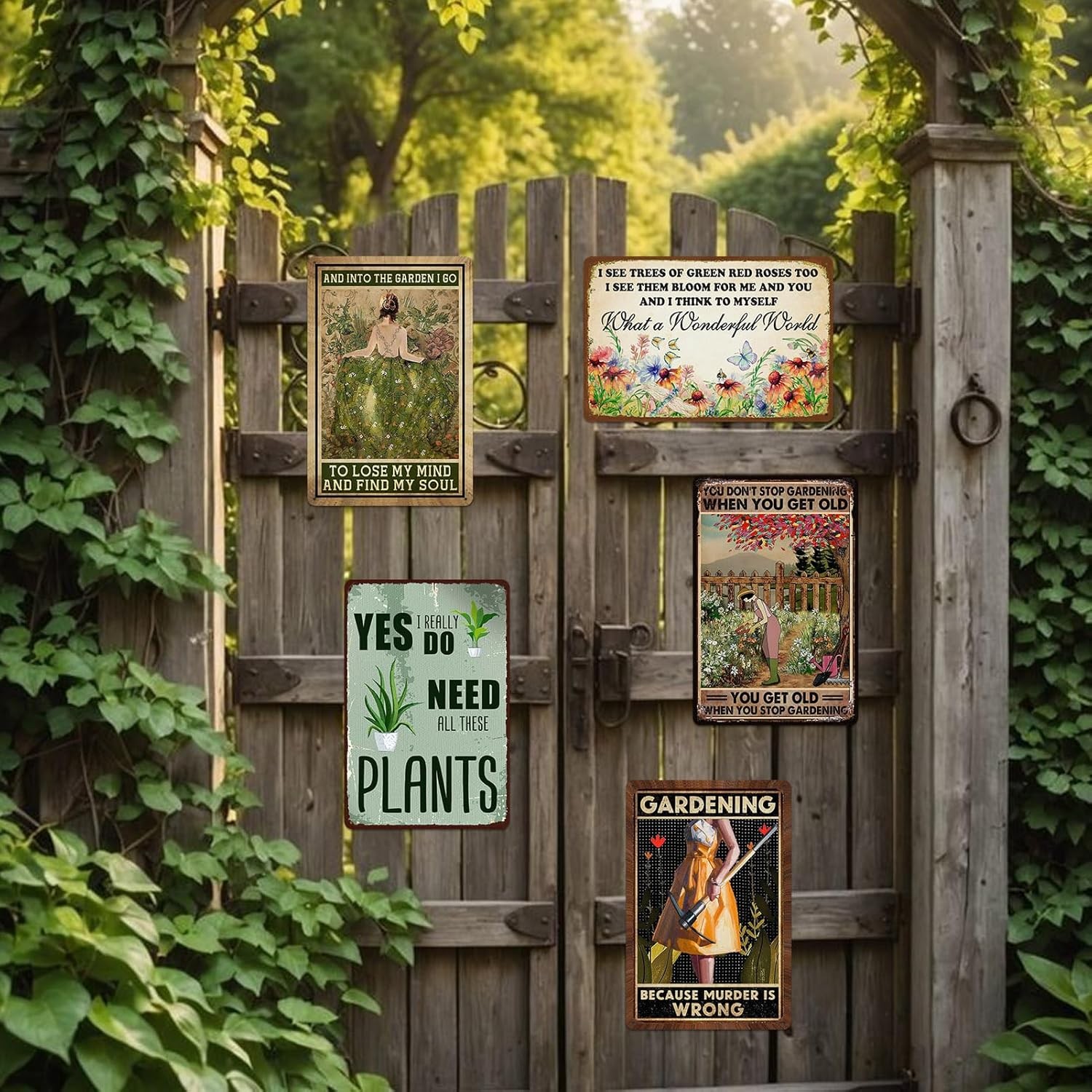 Set of 5 Garden Signs Outdoor Metal Vintage Decor 12×8 In Funny Gardening Decor