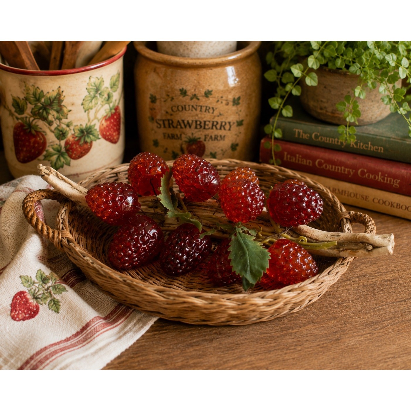 Vintage Faux Strawberry Branch 12 Red Acrylic Berries Rustic Cottage Decor