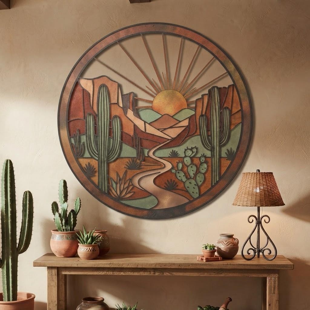 Southwestern Cactus Metal Wall Art, Desert Sunset Round Sign, Rustic Western