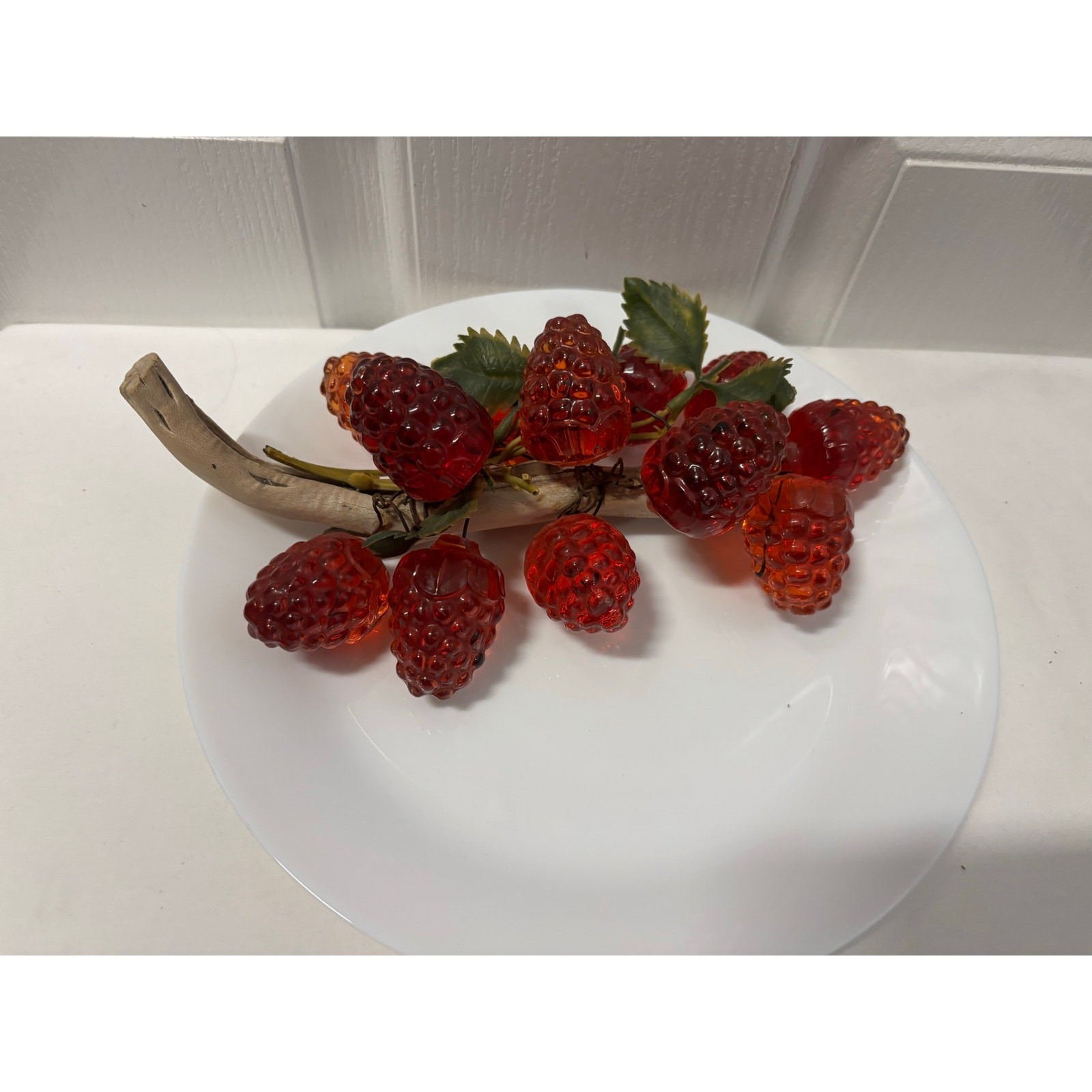 Vintage Faux Strawberry Branch 12 Red Acrylic Berries Rustic Cottage Decor