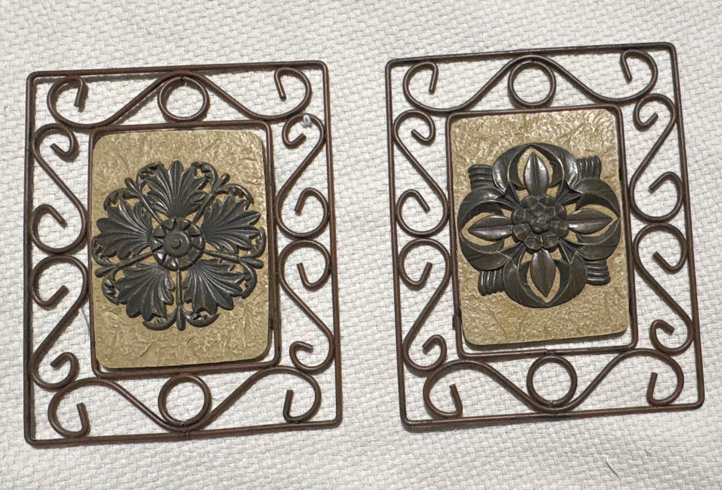 Set of 2 Decorative Metal Floral Wall Plaques Brown Gold Ready to Hang Vertical