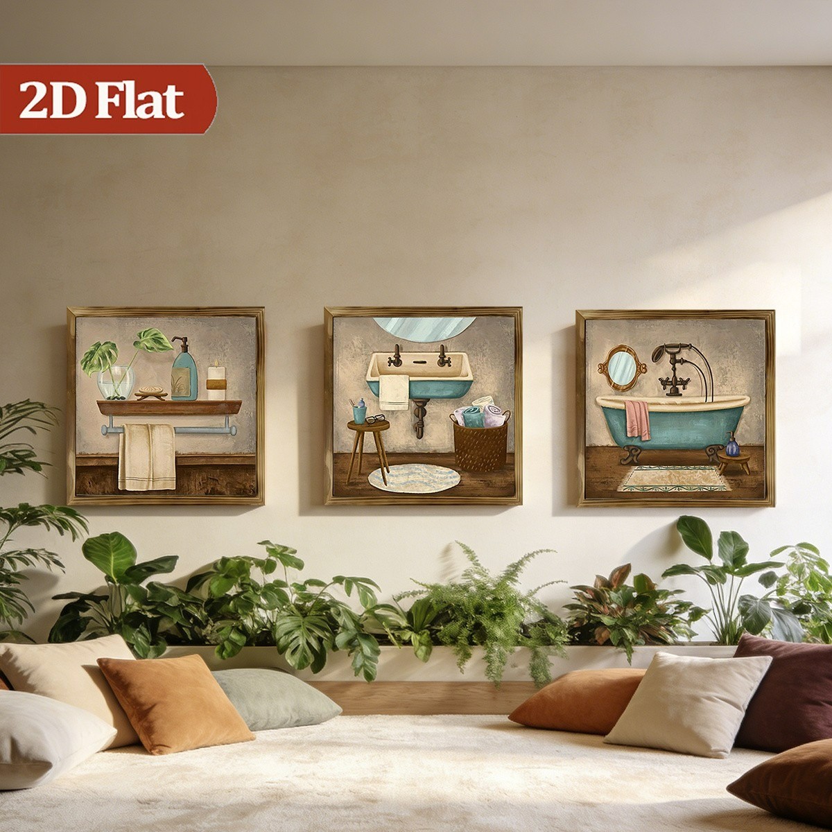 3Pcs Vintage Bathtub Still Life Wooden Sign Rustic Framed Bathroom Wall Decor
