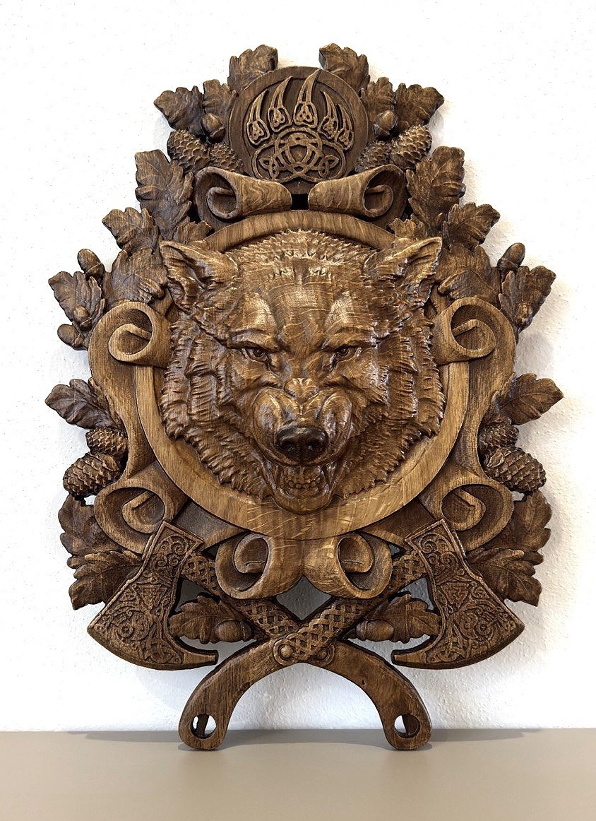 Wolf Wooden carved Wall Plaque Viking Axes Celtic Norse Mythology Relief Decor