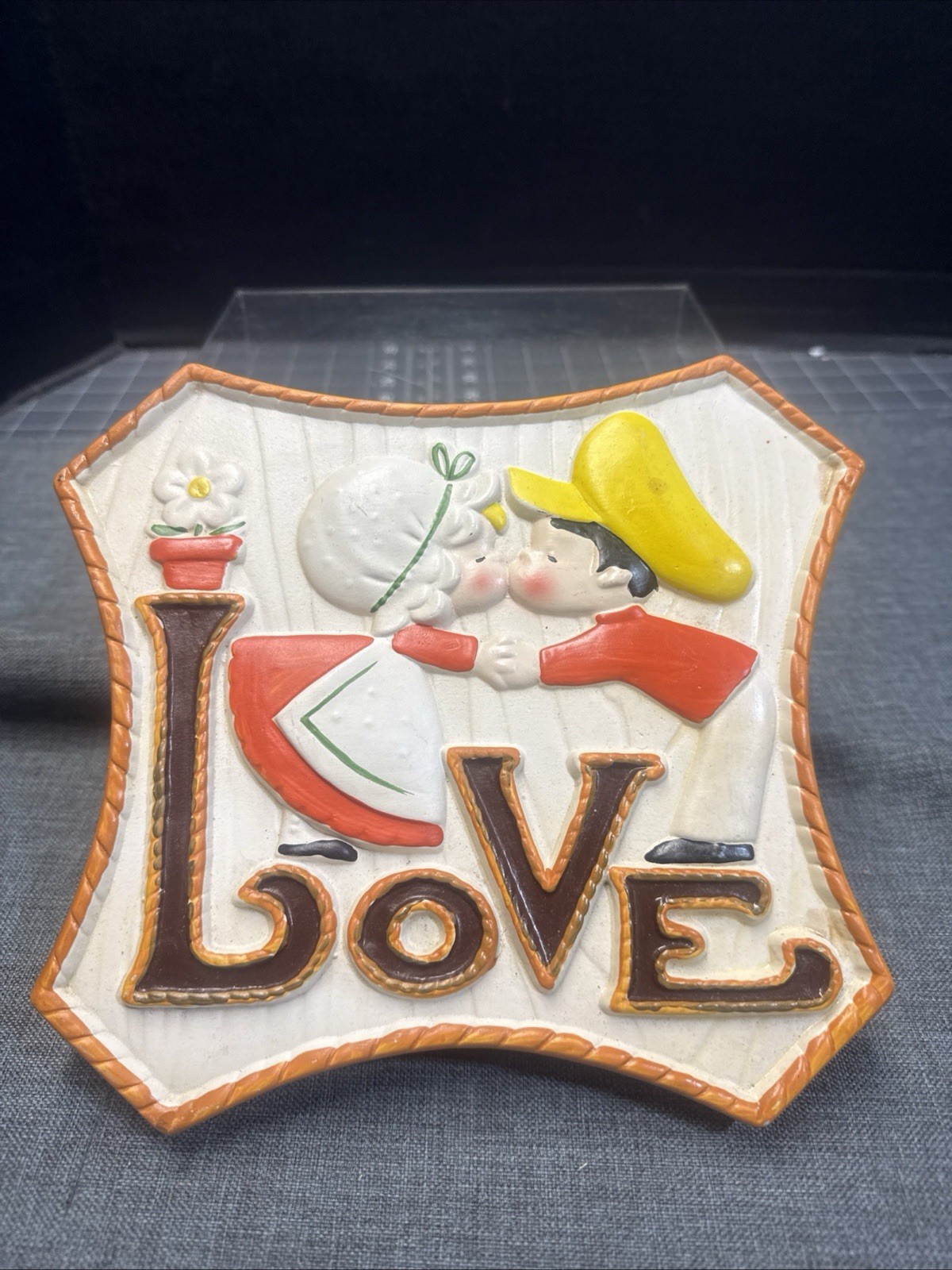 Vtg 70s LOVE Ceramic MCM Kissing Bisque Japan Girl & Boy Boho Wall Decor