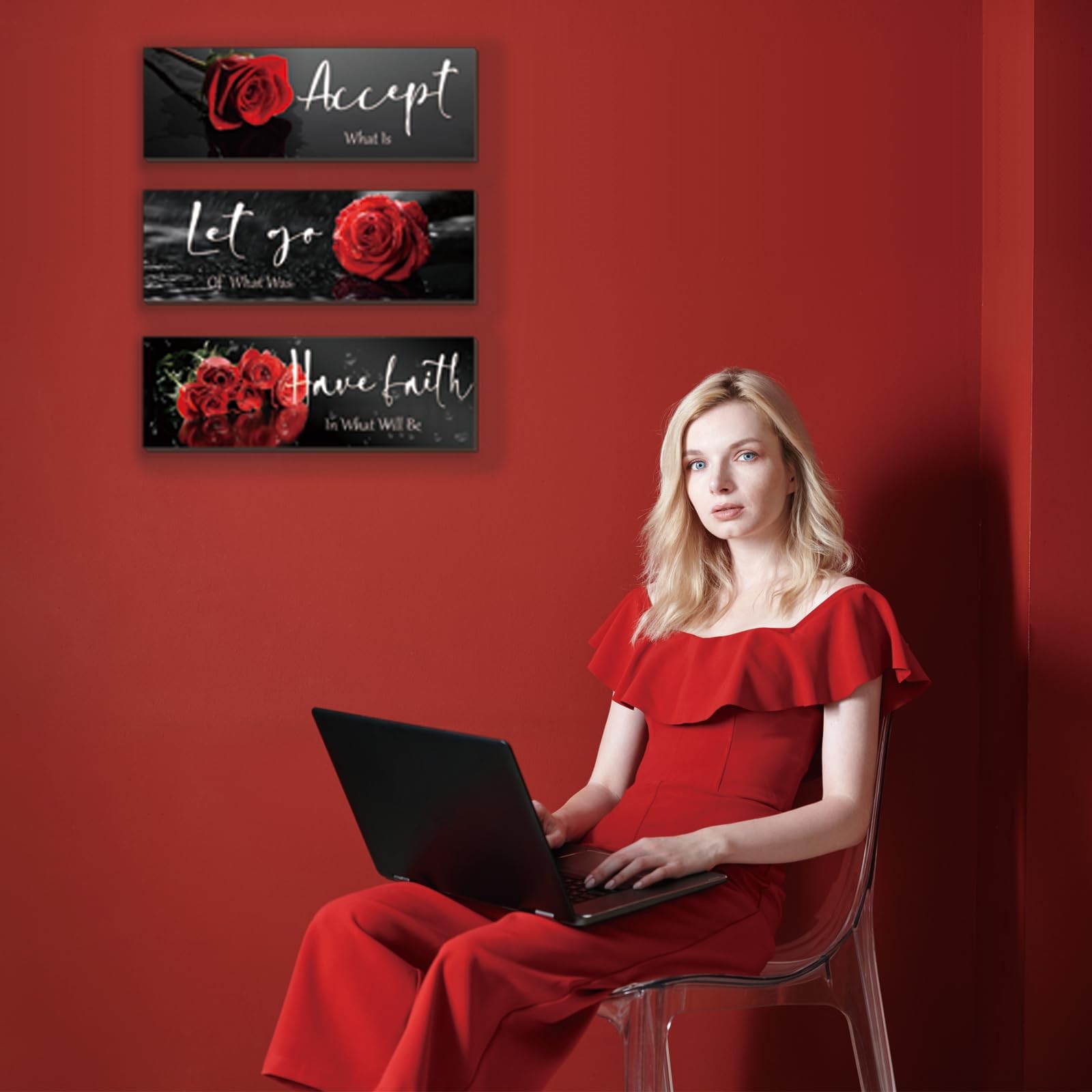 3 Pcs Red Decor Flower Inspirational Wooden Wall Art Red Roses Office Wall De…