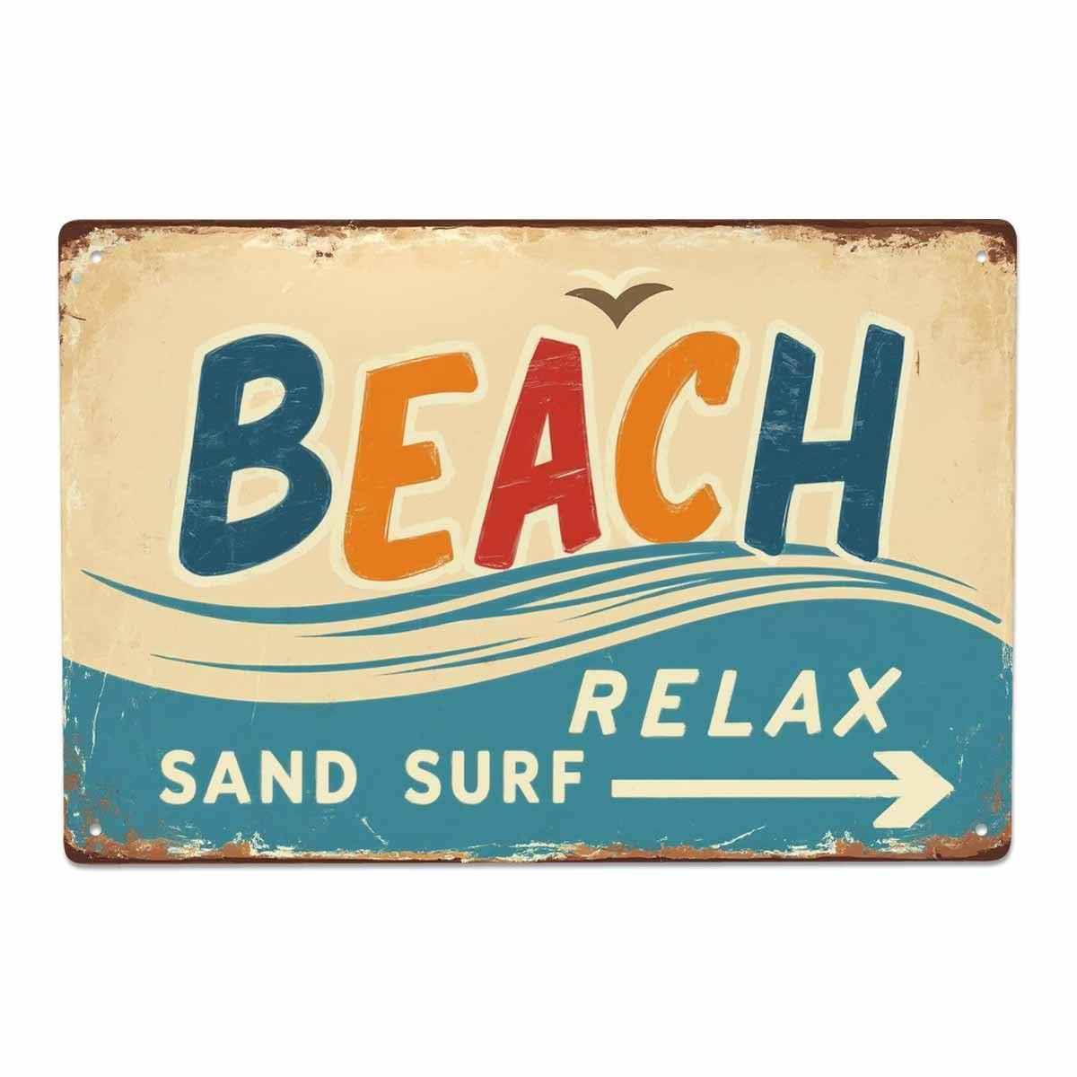 Beach Tin Sign,Wave Bird Fly Ocean Fun Arrow Sand Surf Relax Vintage Metal Ti…