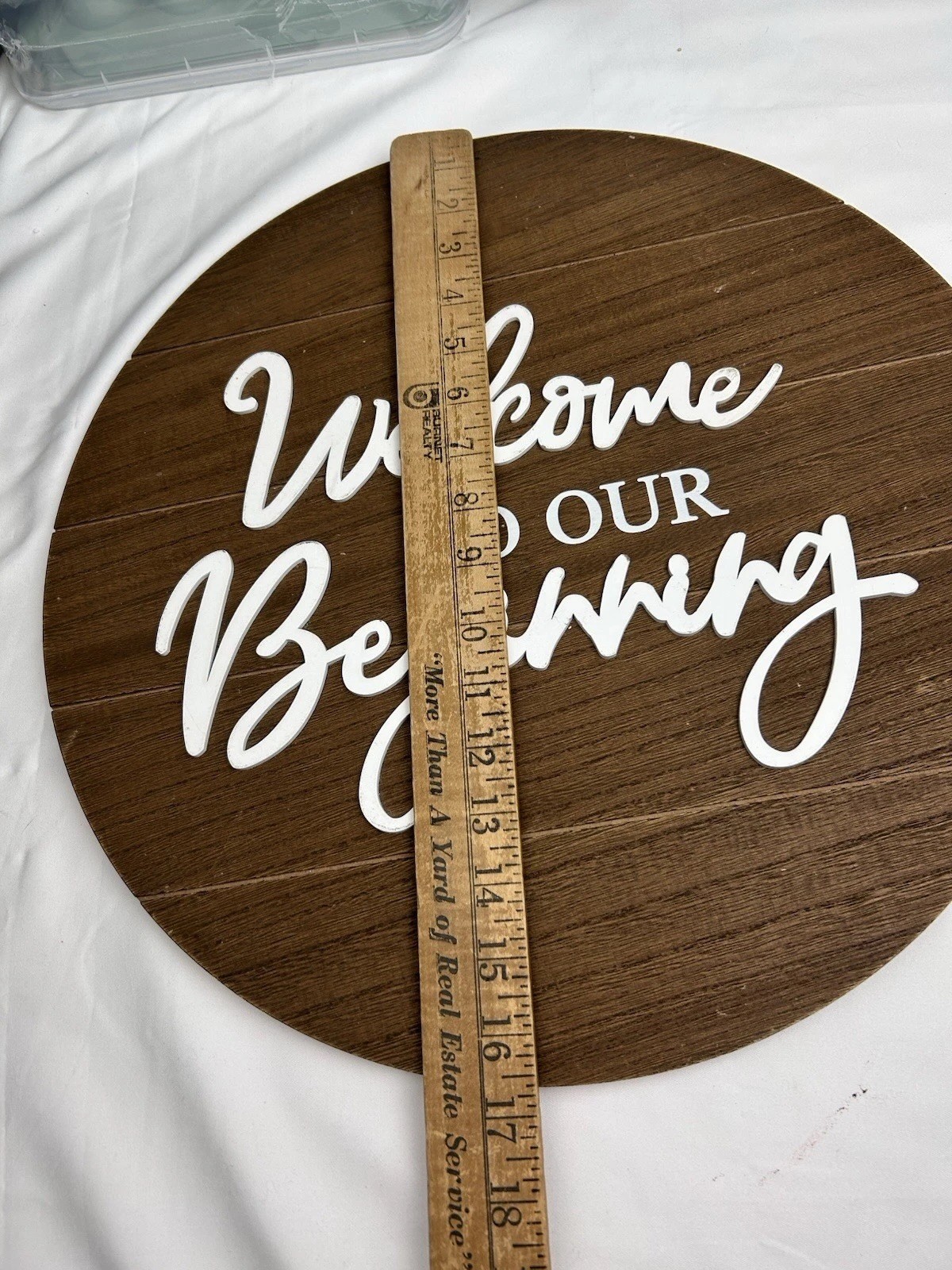 Rustic Round Wedding Sign Welcome to Our Beginning Wood Wall Decor 16.75”
