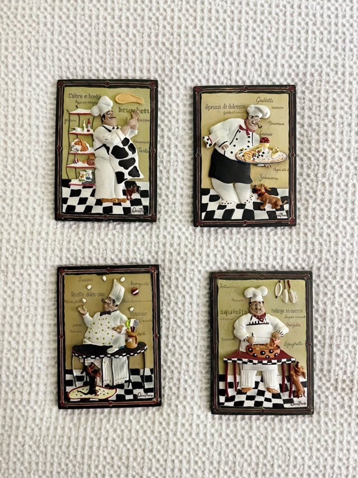Set of 4 Resin 3D Chef Kitchen Wall Plaques, Multicolor Italian Decor