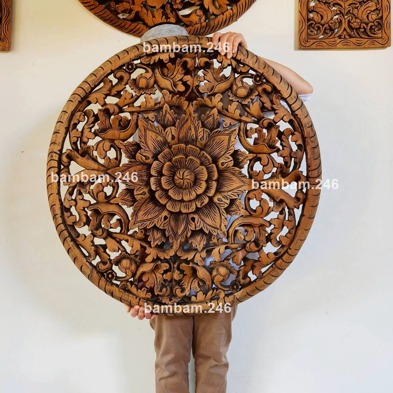 Large Vintage Round Wall Hanging Hand Carved Teak Wood Wall Art Floral Flower Pa