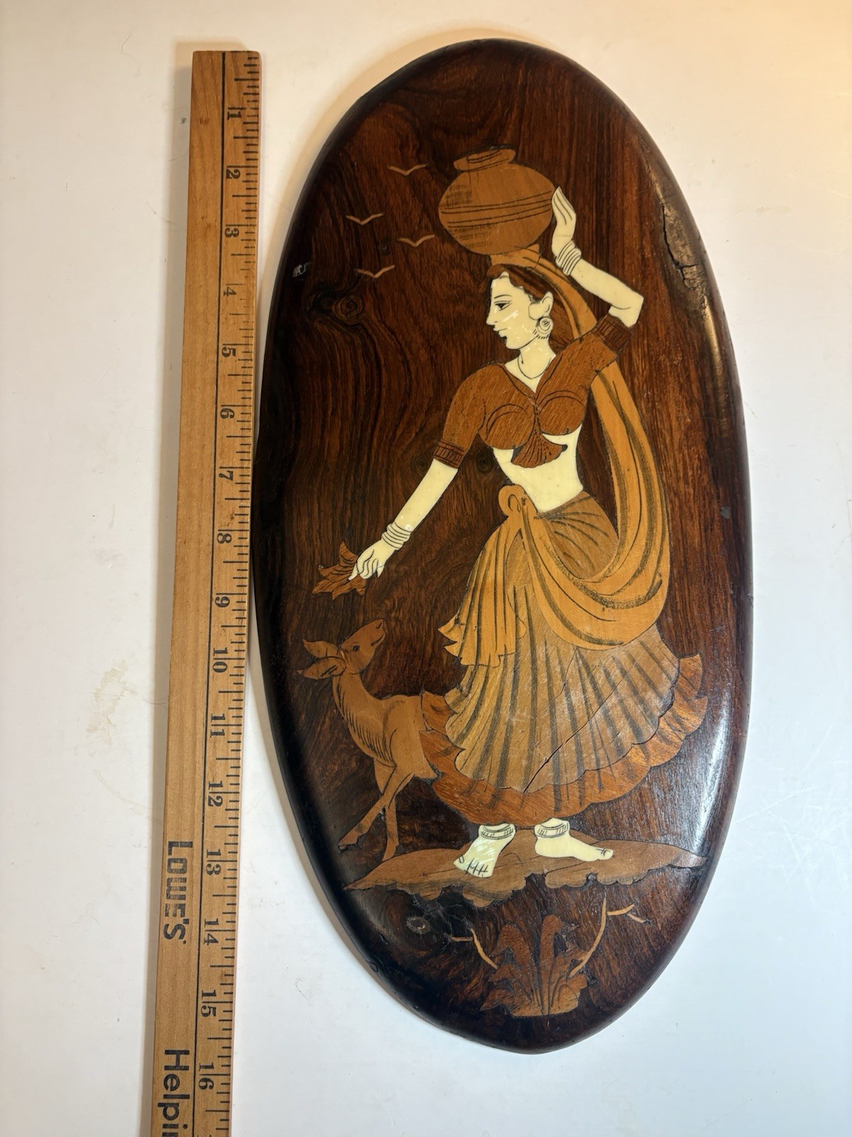 Vintage Indian Handcrafted Wood Inlay Wall Plaque Woman Deer 16” X 7” Boho Decor