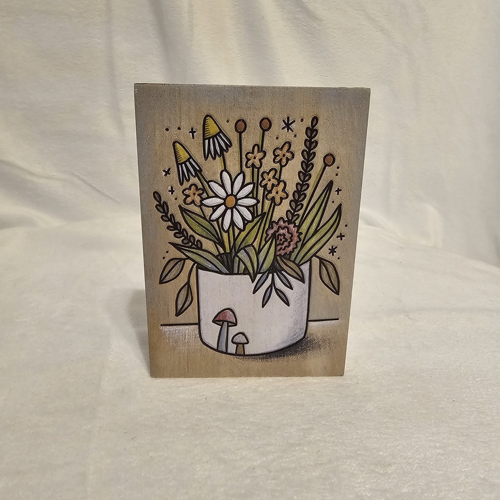 Flowers In Mushroom Planter Wood Block Decor Primitives by Kathy 5×3.5x1in