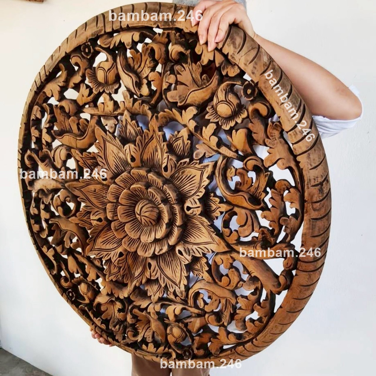 Large Vintage Round Wall Hanging Hand Carved Teak Wood Wall Art Floral Flower Pa